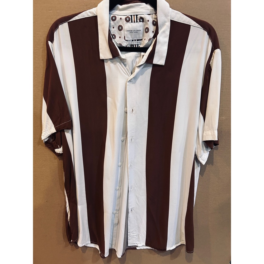 Denim & Flower Button Down Shirt Mens XL Brown White Stripe Short Sleeve